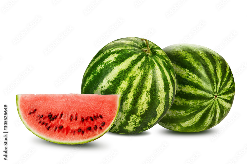 Two green, striped watermelons isolated on white with copy space for text, images. Cross-section. Berry with pink flesh, black seeds. Close-up. Two green, striped watermelons isolated on white with copy space for text, images. Cross-section. Berry with pink flesh, black seeds. Close-up.