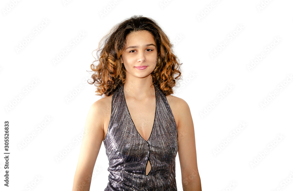 Silver dress, Fashion Model Posing in a Sparkling Dress, Elegant Woman Beauty Portrait on isolated white Background Silver dress, Fashion Model Posing in a Sparkling Dress, Elegant Woman Beauty Portrait on isolated white Background
