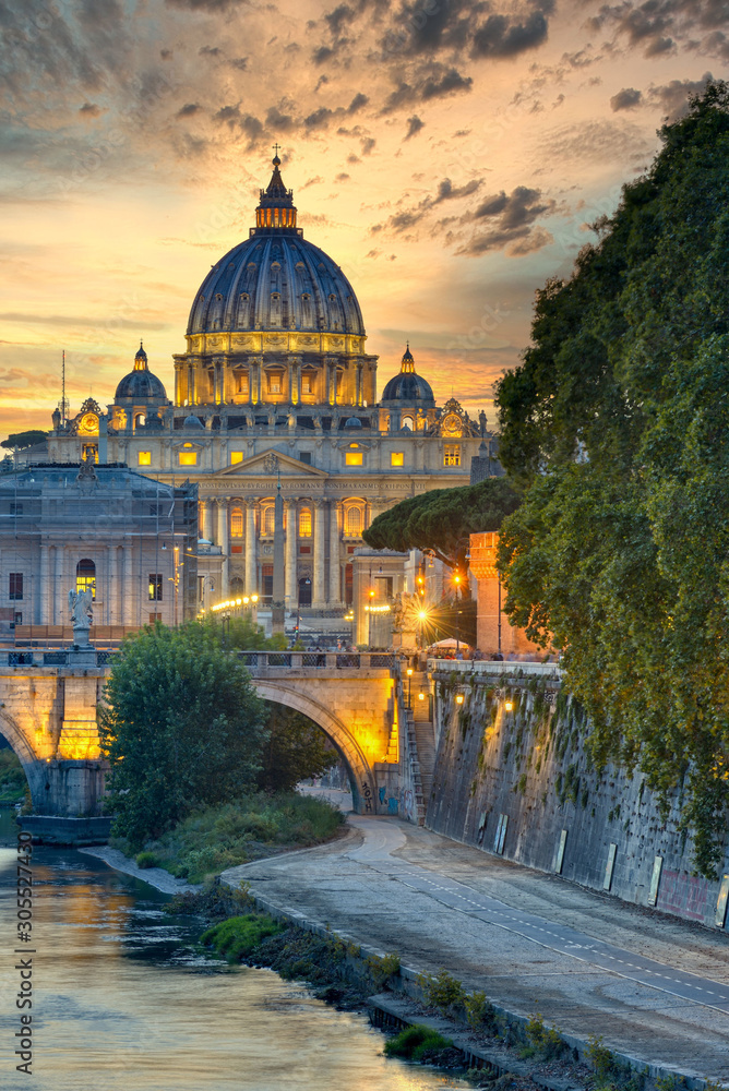 Wonderful view of St Peter Cathedral, Rome, Italy. Sunset light.