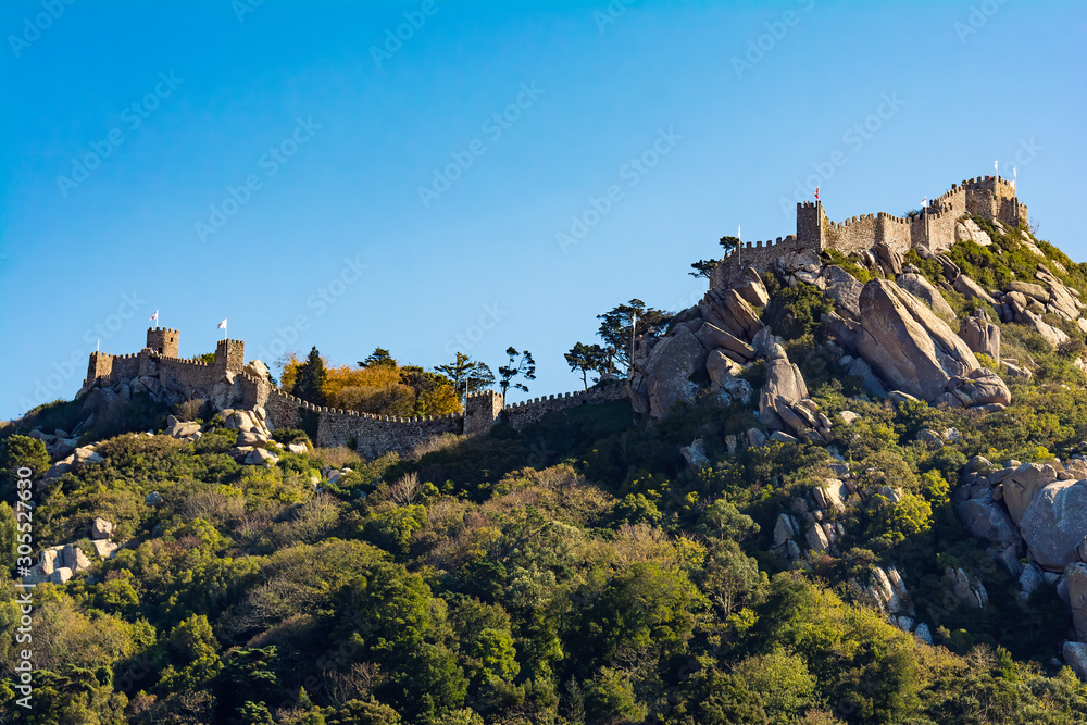 Moorish Castle seen from the Regaleira Palace in Sintra, Portugal. 