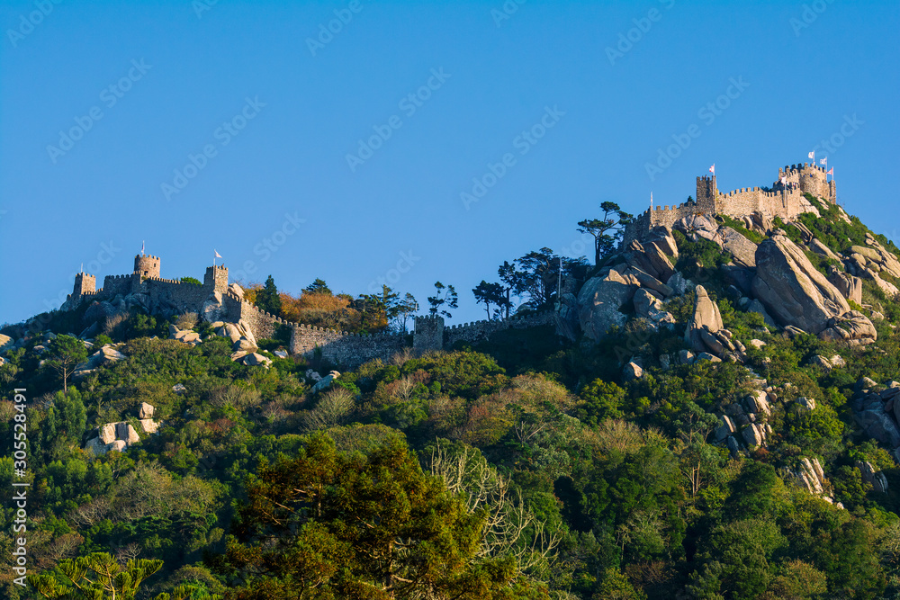 Moorish Castle seen from the Regaleira Palace in Sintra, Portugal. 