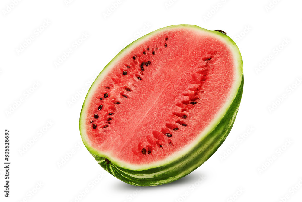 Half of green, striped watermelon isolated on white with copy space for text, images. Cross-section. Berry with pink flesh, black seeds. Close-up. Half of green, striped watermelon isolated on white with copy space for text, images. Cross-section. Berry with pink flesh, black seeds. Close-up.