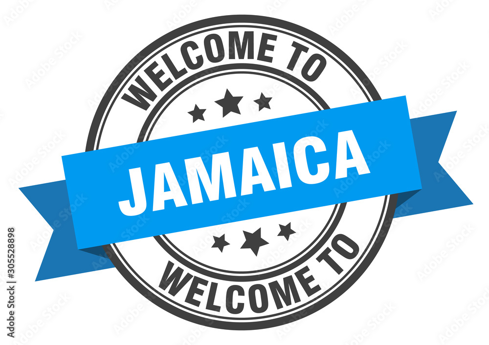 Jamaica stamp. welcome to Jamaica blue sign