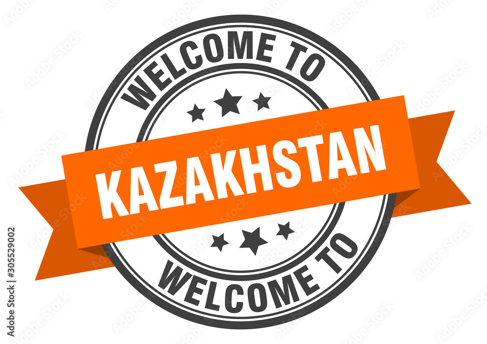 Kazakhstan stamp. welcome to Kazakhstan orange sign