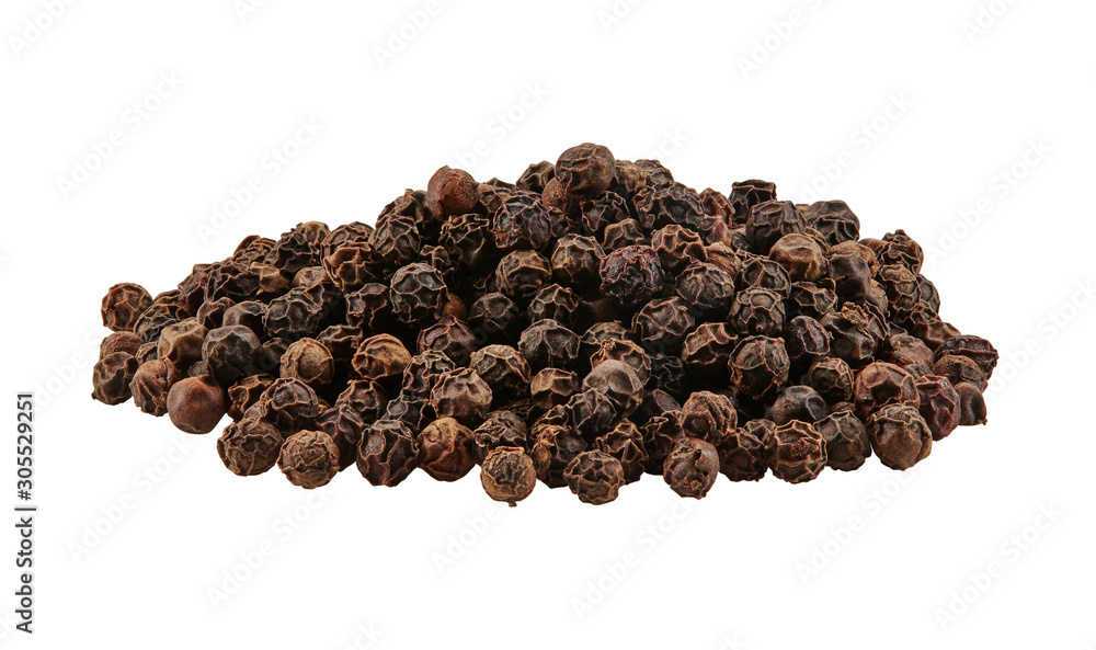 Black peppercorns isolated on white background with copy space for text or images. Spices and herbs. Packaging concept. Close-up, side view. Black peppercorns isolated on white background with copy space for text or images. Spices and herbs. Packaging concept. Close-up, side view.