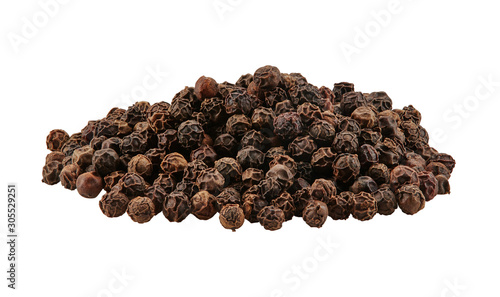 Black peppercorns isolated on white background with copy space for text or images. Spices and herbs. Packaging concept. Close-up, side view.