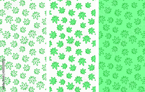Set of seamless patterns. Cannabis leaves. Isolated on white. Minimalism.