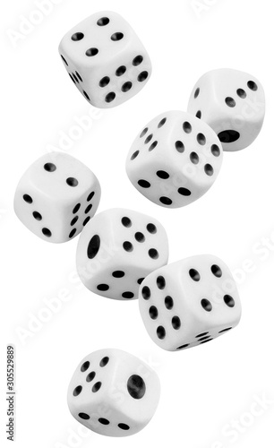 Group of flying dices, isolated on white background