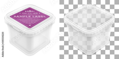 Vector transparent square empty plastic bucket with label. Top view from the corner.