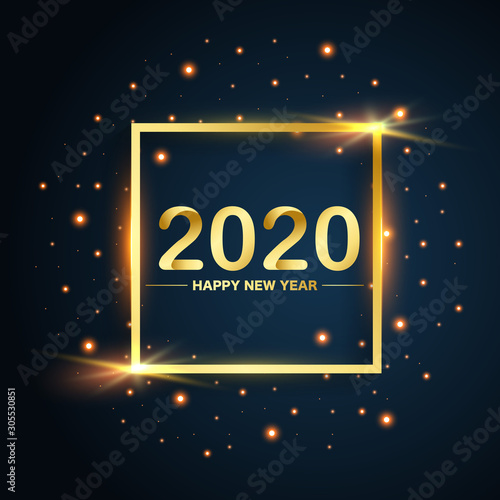 New Year 2020 square gold glitters on blue background, vector
