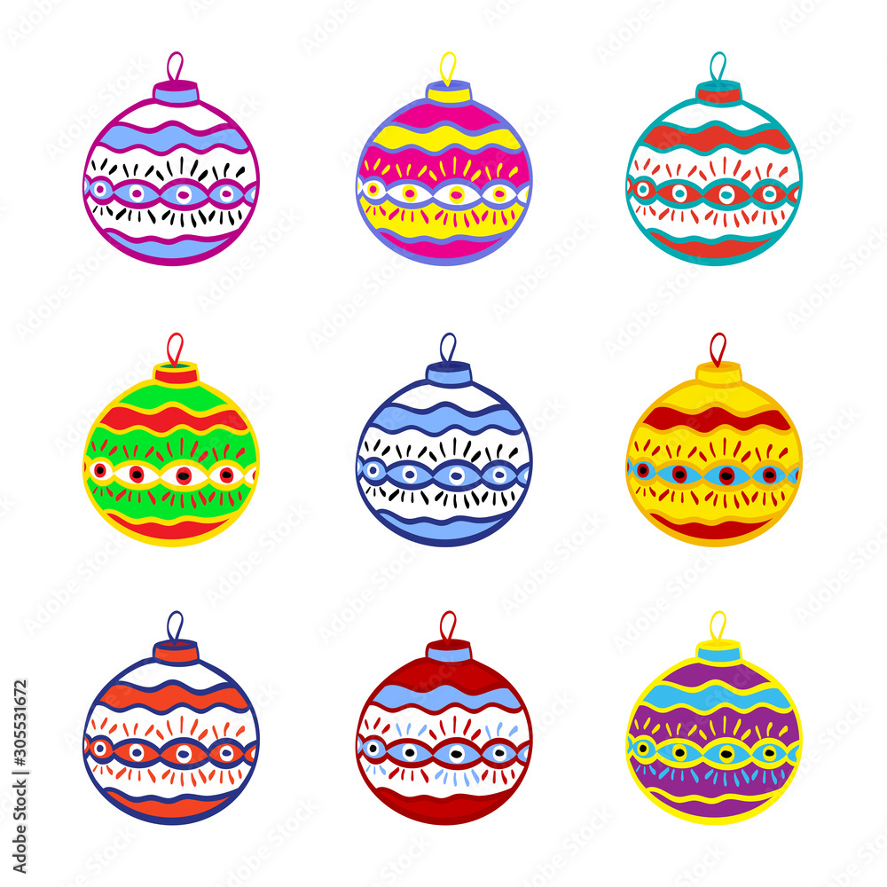 Hand drawn colored christmas ball set isolated on white background.