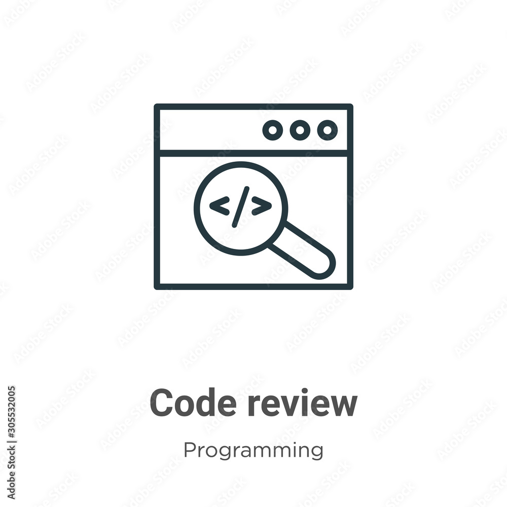Code review outline vector icon. Thin line black code review icon, flat vector simple element illustration from editable programming concept isolated on white background