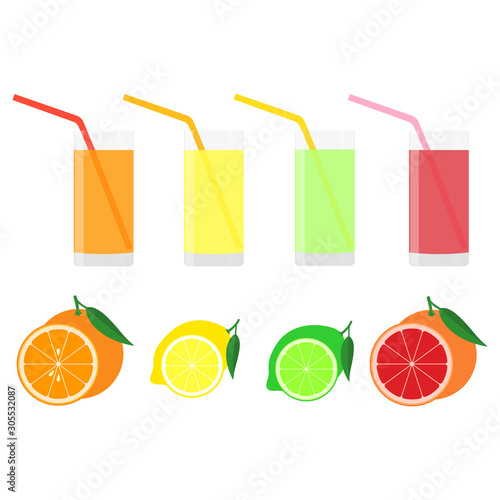 Set of citrus beverages - orange, lemon, lime, grapefruit. Fruit composition. Isolated vector illustration.
