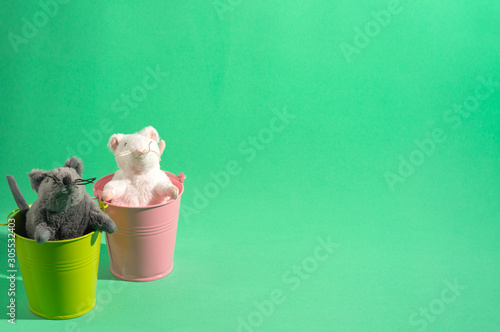 Toy mice in colored buckets