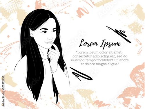 A woman thinks or dreams. Make plans. Fashion illustration of a brunette girl portrait with long hair and beautiful make-up.