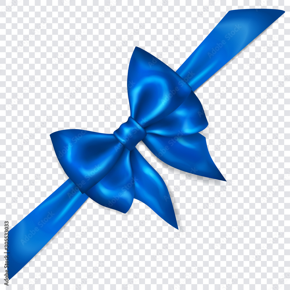 Beautiful blue bow with diagonally ribbon with shadow on transparent