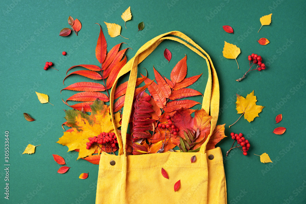Autumn flat lay composition. Dry maple autumn leaves in yellow shopping bag on green background. Top view. Copy space. Flat lay.