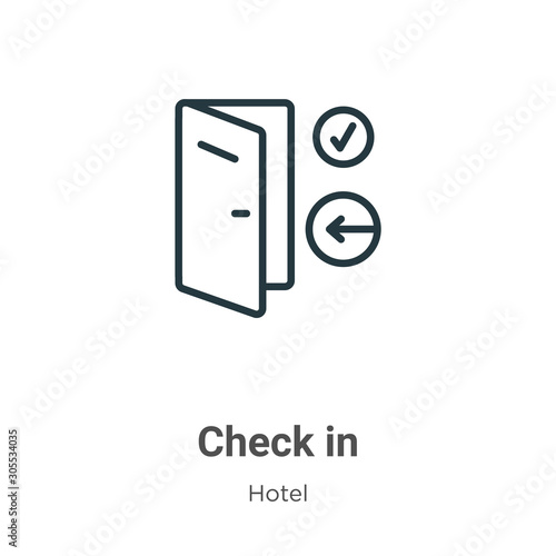 Check in outline vector icon. Thin line black check in icon, flat vector simple element illustration from editable hotel concept isolated on white background