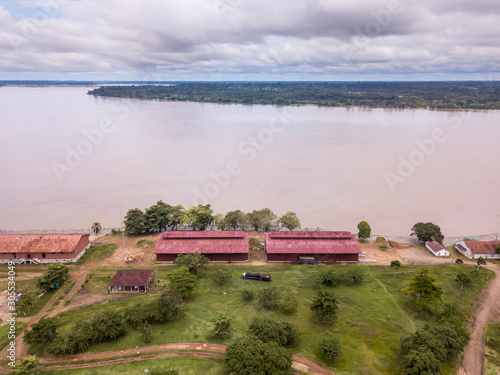 Aerial drone view of Madeira river,  Porto Velho city center streets with 