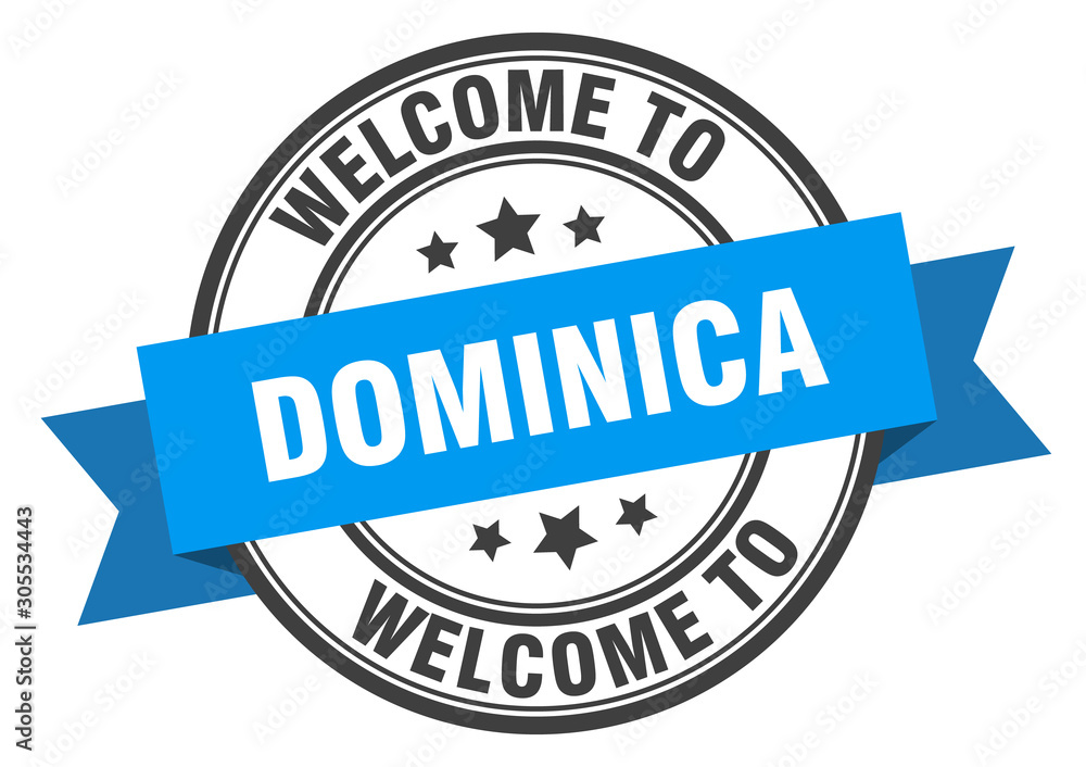 Dominica stamp. welcome to Dominica blue sign