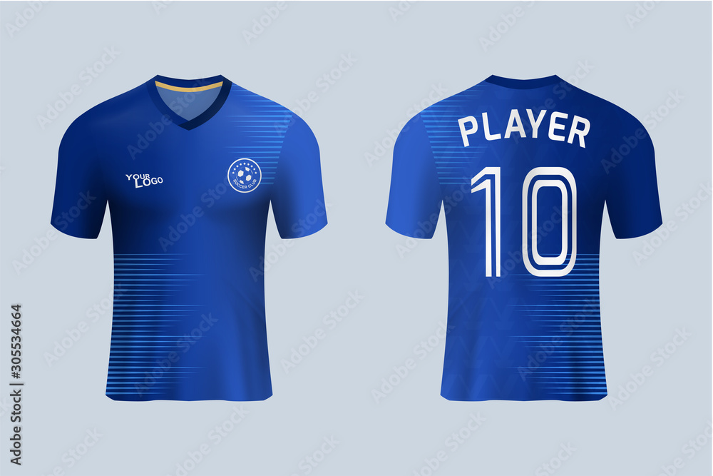 soccer t-shirt design uniform set of soccer kit. football jersey template  for football club. light blue and navy color, front and back view shirt  mock up. Vector Illustration Stock Vector