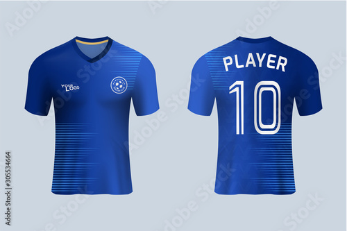3D realistic mock up of front and back of blue soccer jersey t-shirt . Concept for football team uniform or apparel mockup template in design vector illustration