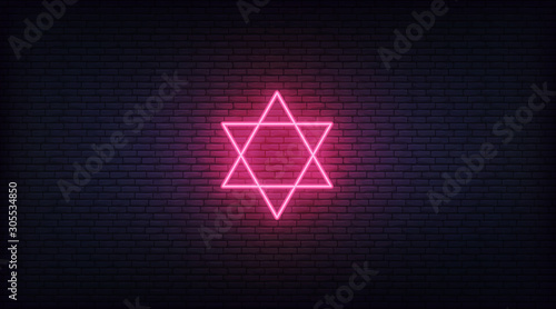 Red neon Star of David. Jewish sign decoration for Hanukkah and other holidays