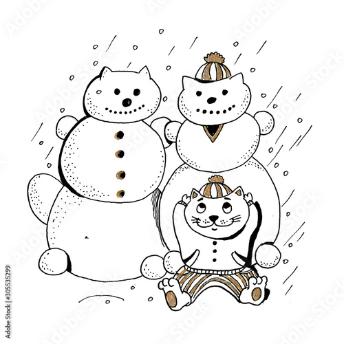 cat dazzled snowmen and resting black and white graphic illustration for children and holiday