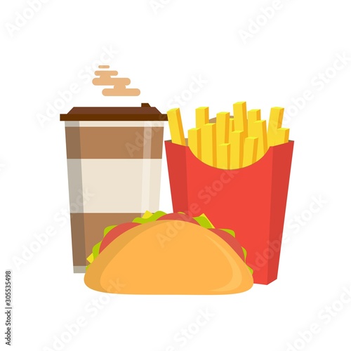 Lunch with french fries, sandwich and coffee takeaway on isolated background. Fast food. Flat design. Vector Illustration