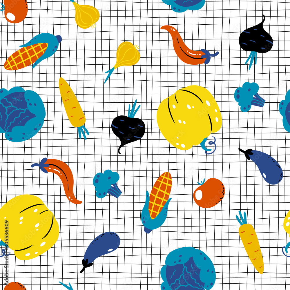 Fototapeta premium Trendy Vegetable Pattern on checkered background. Colorful seamless vector pattern in hand-drawn cartoon scandinavian style. Ideal for printing onto fabric, textile, packaging.
