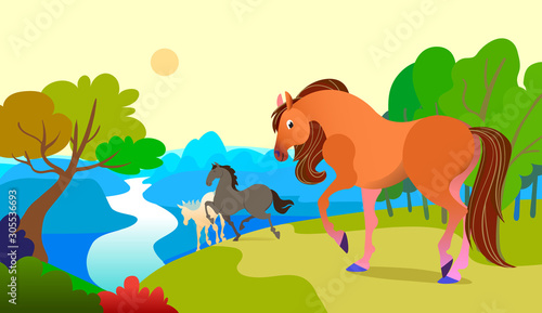 Horse in forest landscape. Use it for print or web desing.