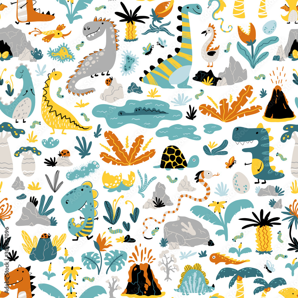 Fototapeta premium Cute seamless pattern with a variety of dinosaurs, birds, snakes, insects in the jungle, tropics, volcanoes, palm trees, clouds, eggs. Baby vector illustration in scandinavian style