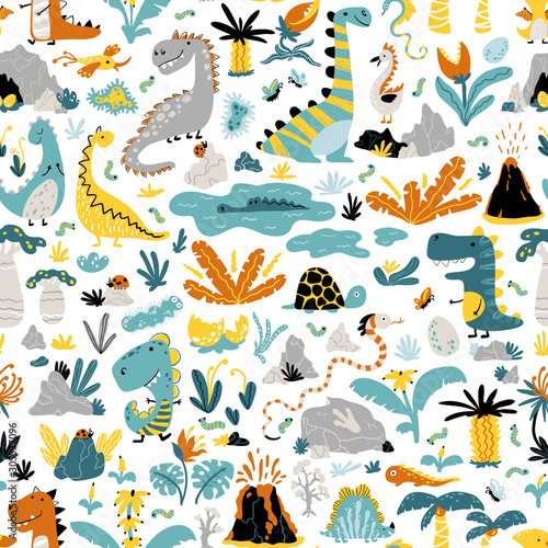 Cute seamless pattern with a variety of dinosaurs  birds  snakes  insects in the jungle  tropics  volcanoes  palm trees  clouds  eggs. Baby vector illustration in scandinavian style