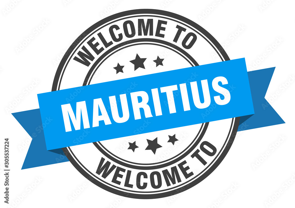 Mauritius stamp. welcome to Mauritius blue sign