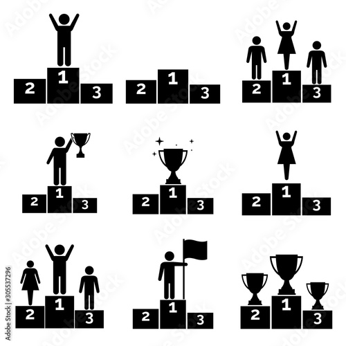 Trophy Cup on prize podium. First, second and third place award. set icon, logo isolated on white background