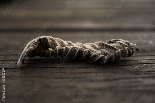 Close-up of dry leaf on wooden background.
