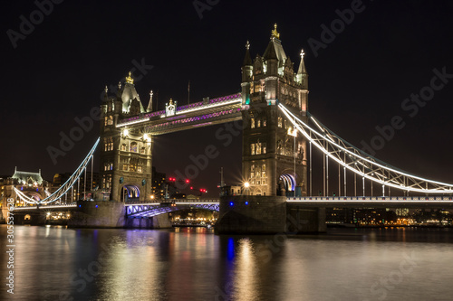 Tower Bridge in London at night.