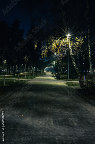 The road in the park the night with lanterns. Benches in the park during the autumn season at night
