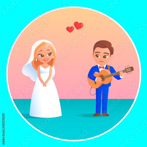 The groom with a guitar sings a bride a song. A happy girl is standing nearby and listening. Both have hearts in love. Cartoon wedding vector illustration.