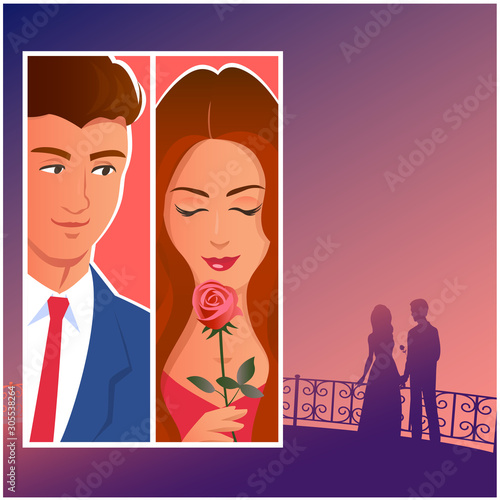Beautiful couple in the night city. Silhouette of lovers in the distance. And separately, a close-up of a man and a woman with a gift of a rose.  Vector comic book illustration with place for text.