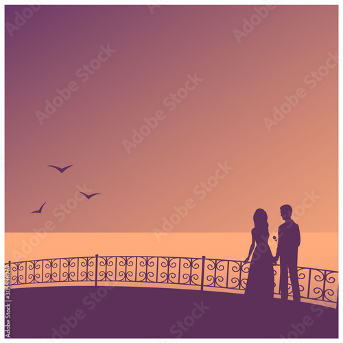 Silhouette of a couple in love on the promenade with patterned railing. Evening, calm sea and seagulls. Romantic vector illustration.