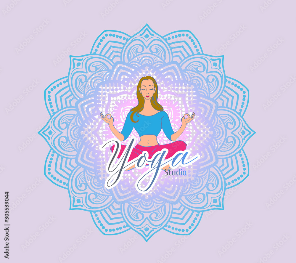 Poster with yoga girl in cartoon style. Use it for web or print advertisement creating. Vector illustration.