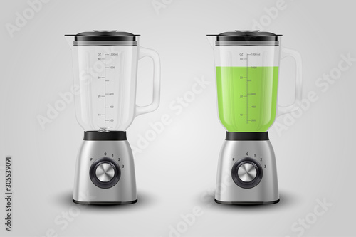 Vector Realistic Electric Steel Chrome Empty and Full with Green Juice Cocktail Juicer Blender Appliance Set with Glass Container Icon Closeup Isolated. Design Template, Health Food and Drink Concept