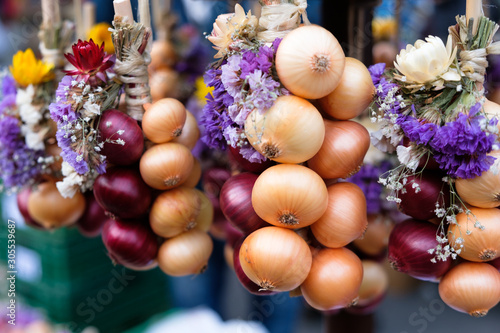 close up of onions at the traditional Swiss Festival in Bern, called "Zibelemaerit" (market of onions), Fair of Onions