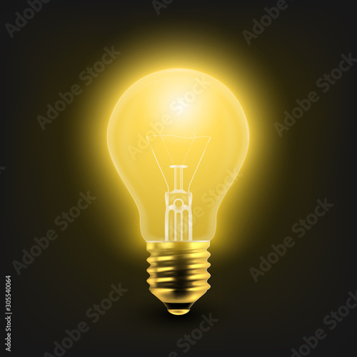 Vector 3d Realistic Turning On Light Bulb Icon Closeup Isolated on White Background. Glowing Incandescent Filament Lamps. Creativity Idea, Business Innovation Concept
