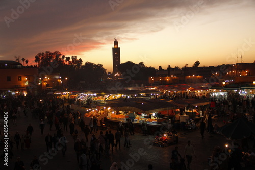 Marrakech, Morocco »; Spring 2017: Sunset of the night market in Marrakech square from above