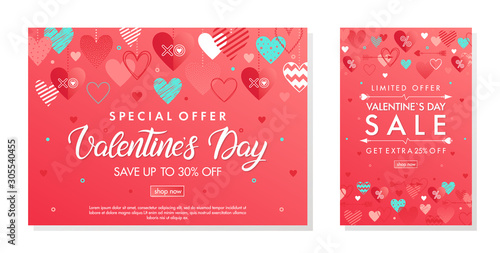 Bundle of Valentines Day special offer banners with hearts.Horizontal and vertical sale templates perfect for prints, flyers, banners, promotions, special offers.Vector Valentines promos.