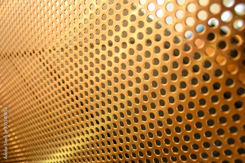 close detail of mesh panel with round holes in gilded bronze