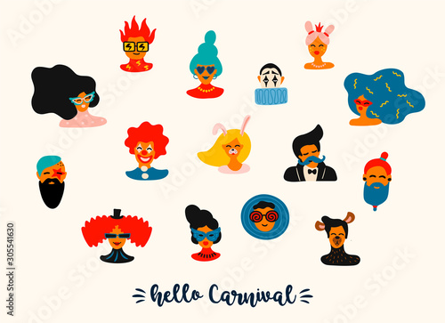 Vector set of funny male and female faces in bright masks and costumes.