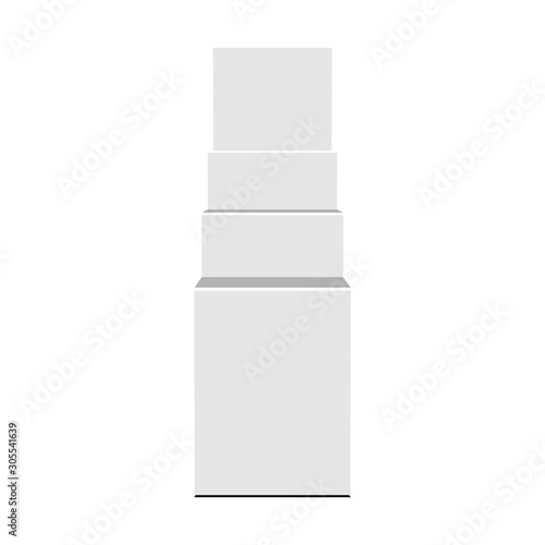 Cardboard Retail Shelves Floor Display Rack For Supermarket Blank Empty. Mock Up. 3D On White Background Isolated. Ready For Your Design. Product Advertising. Vector EPS10